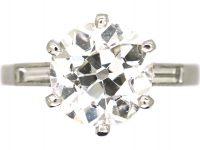 Art Deco French Platinum & Diamond Solitaire Ring with Baguette Diamond set Shoulders