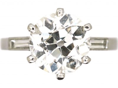 Art Deco French Platinum & Diamond Solitaire Ring with Baguette Diamond set Shoulders