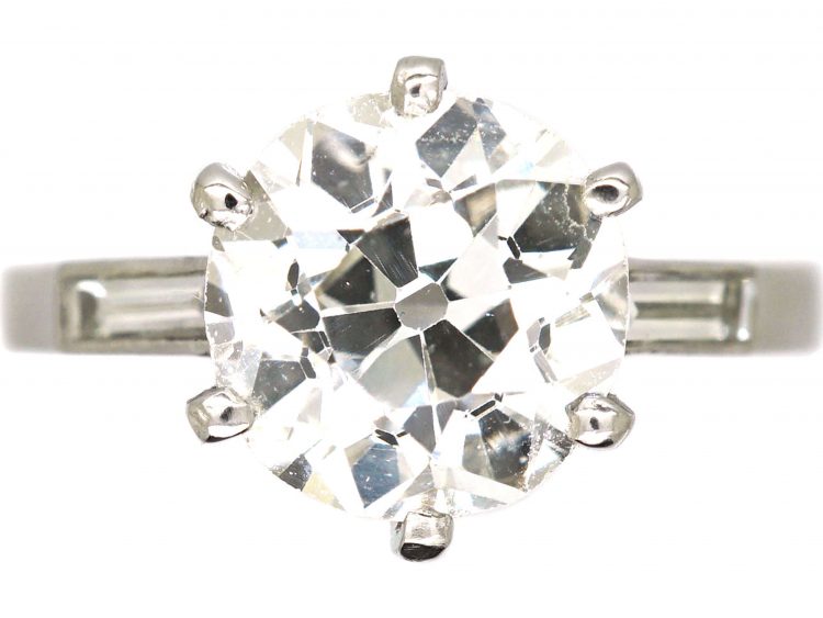 Art Deco French Platinum & Diamond Solitaire Ring with Baguette Diamond set Shoulders