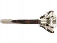 Art Deco French Platinum & Diamond Solitaire Ring with Baguette Diamond set Shoulders