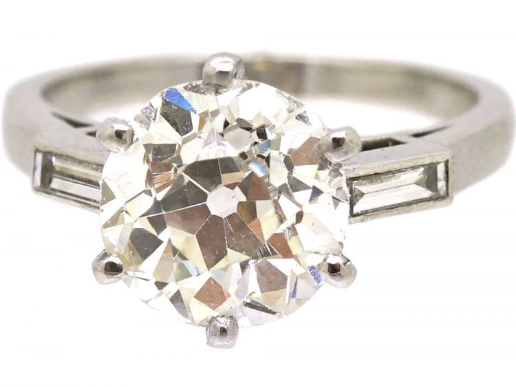 Art Deco French Platinum & Diamond Solitaire Ring with Baguette Diamond set Shoulders