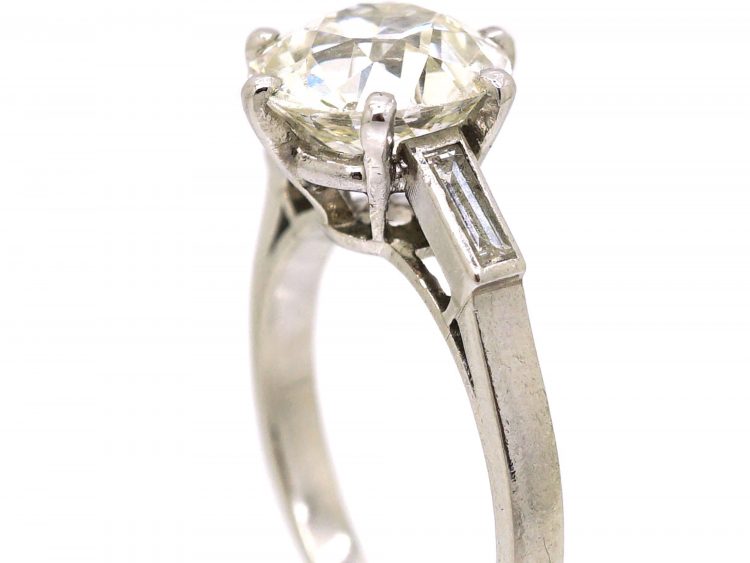 Art Deco French Platinum & Diamond Solitaire Ring with Baguette Diamond set Shoulders