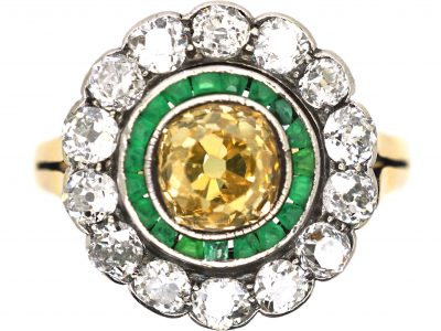 Russian Early 20th Century 14ct Gold Target Ring set with a Fancy Yellow Diamond, Emeralds & Diamonds