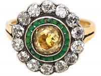 Russian Early 20th Century 14ct Gold Target Ring set with a Fancy Yellow Diamond, Emeralds & Diamonds