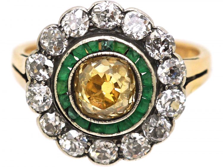 Russian Early 20th Century 14ct Gold Target Ring set with a Fancy Yellow Diamond, Emeralds & Diamonds
