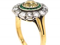 Russian Early 20th Century 14ct Gold Target Ring set with a Fancy Yellow Diamond, Emeralds & Diamonds
