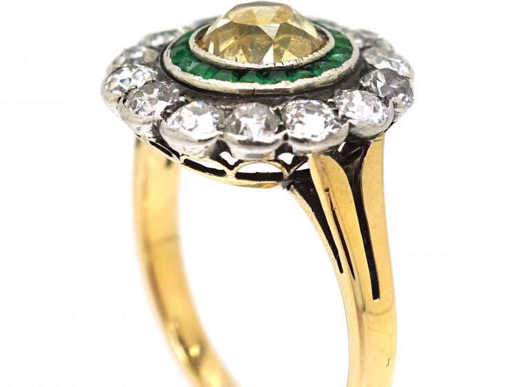 Russian Early 20th Century 14ct Gold Target Ring set with a Fancy Yellow Diamond, Emeralds & Diamonds
