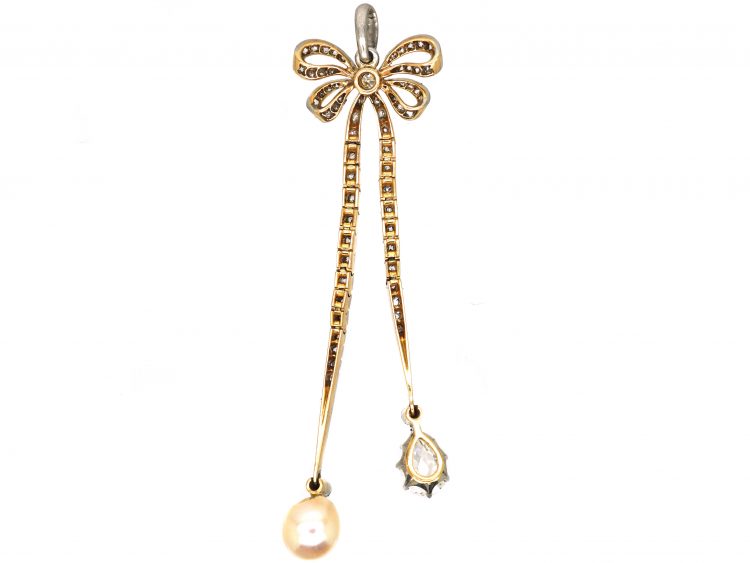 Early 20th Century 18ct Gold & Platinum, Diamond Bow Pendant with Pear Shaped Diamond and Pearl Drops
