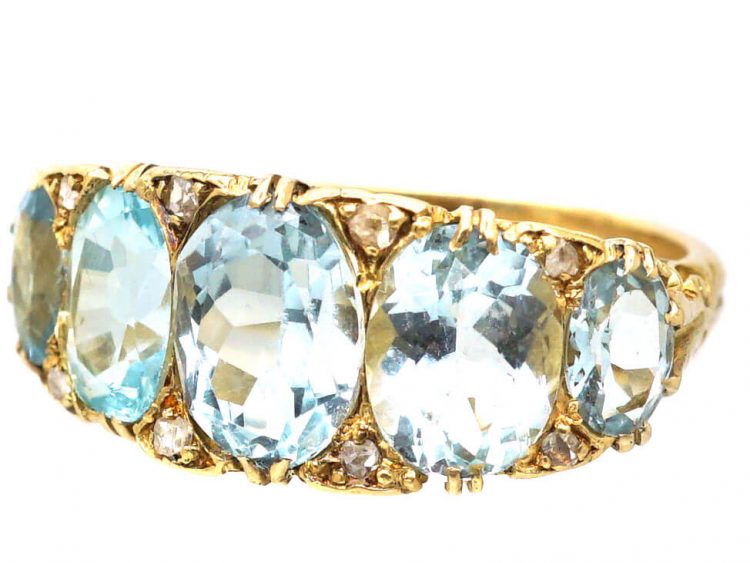 Victorian 18ct Gold, Five Stone Aquamarine Carved Half Hoop Ring with Diamond Points