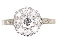Edwardian 18ct White Gold & Platinum, Diamond Cluster Ring with Diamond set Shoulders