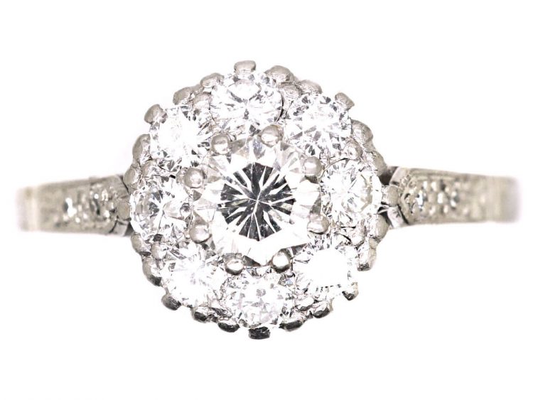 Edwardian 18ct White Gold & Platinum, Diamond Cluster Ring with Diamond set Shoulders