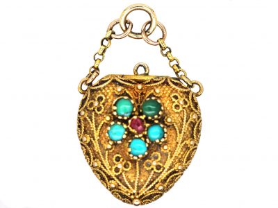 Georgian 15ct Gold Heart Shaped Locket with Forget me Not Motif set with Turquoise & a Ruby