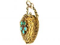 Georgian 15ct Gold Heart Shaped Locket with Forget me Not Motif set with Turquoise & a Ruby