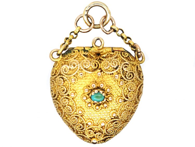 Georgian 15ct Gold Heart Shaped Locket with Forget me Not Motif set with Turquoise & a Ruby