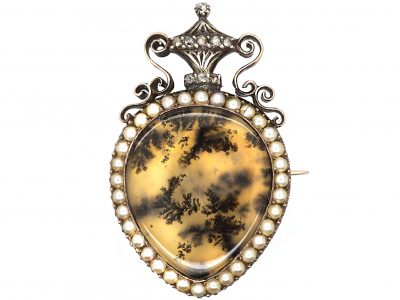 Georgian 9ct Gold, Fern Agate, Natural Split Pearl & Rose Diamond Brooch Pendant