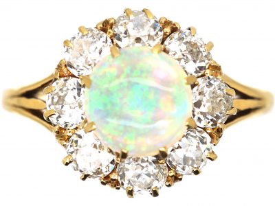 Edwardian 18ct Gold, Opal & Diamond Cluster Ring