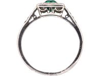 Art Deco Platinum, Emerald & Diamond Rectangular Ring with Diamond set Shoulders
