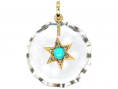 Victorian 15ct Gold & Rock Crystal Pendant with Star set with Rose Diamonds & Turquoise
