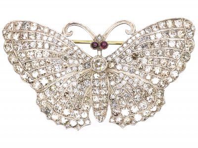 Late Victorian 15ct Gold & Silver Butterfly Brooch set with Diamonds with Cabochon Ruby Eyes