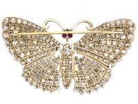 Late Victorian 15ct Gold & Silver Butterfly Brooch set with Diamonds with Cabochon Ruby Eyes