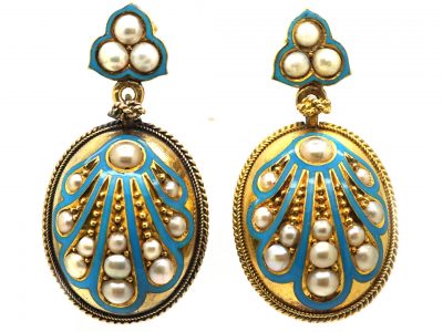 Victorian 15ct Gold, Blue Enamel & Natural Split Pearl Drop Earrings