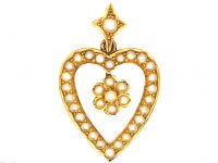 Edwardian 15ct Gold & Natural Split Pearl Heart Shaped Pendant with Flower Drop