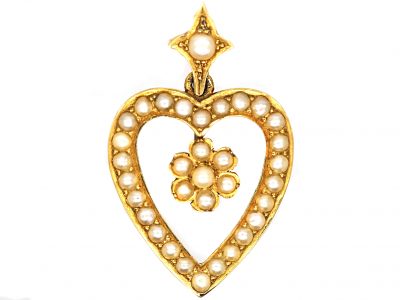 Edwardian 15ct Gold & Natural Split Pearl Heart Shaped Pendant with Flower Drop