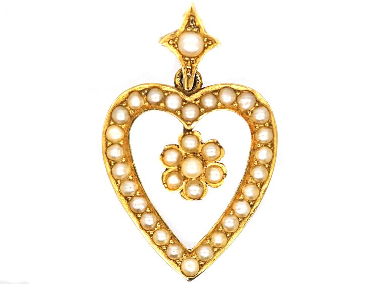 Edwardian 15ct Gold & Natural Split Pearl Heart Shaped Pendant with Flower Drop
