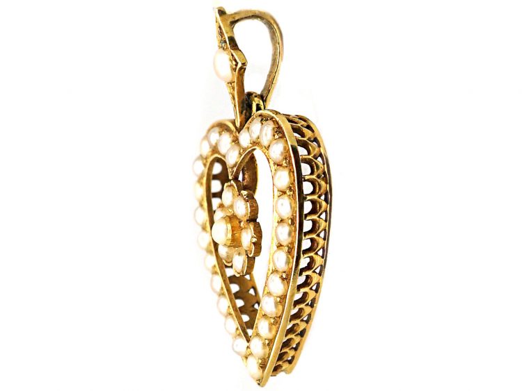 Edwardian 15ct Gold & Natural Split Pearl Heart Shaped Pendant with Flower Drop