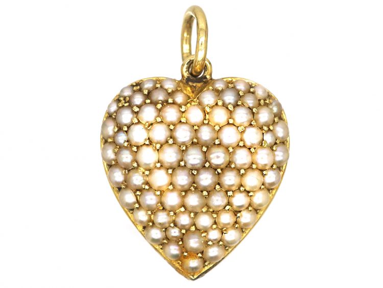 Edwardian 15ct Gold Heart Shaped Pendant Pavé Set with Natural Split Pearls