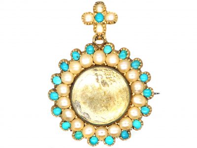 Regency 15ct Gold, Turquoise & Natural Split Pearl Pendant Locket