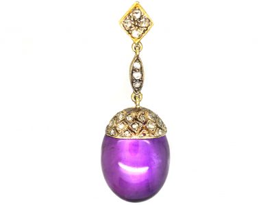 Early 20th Century 14ct Gold, Rose Diamond & Cabochon Amethyst Acorn Pendant