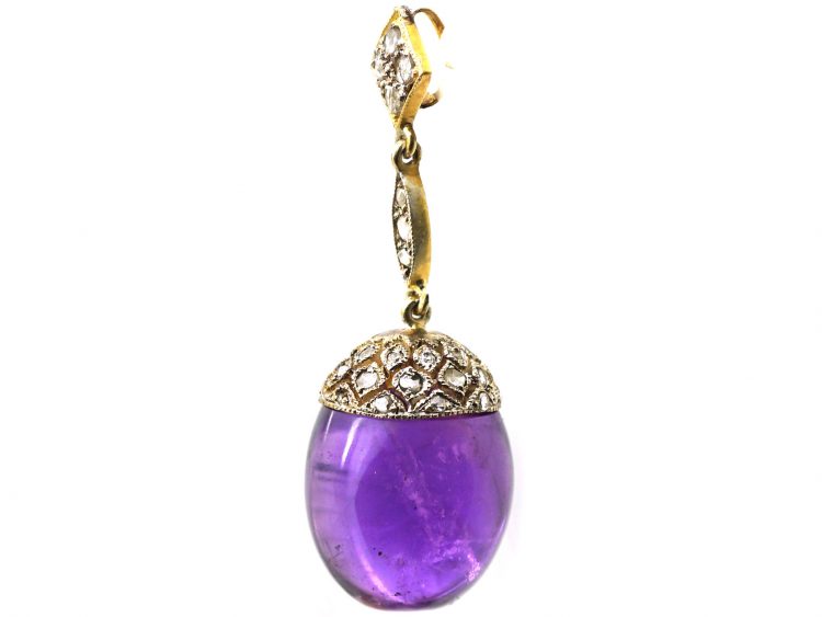 Early 20th Century 14ct Gold, Rose Diamond & Cabochon Amethyst Acorn Pendant