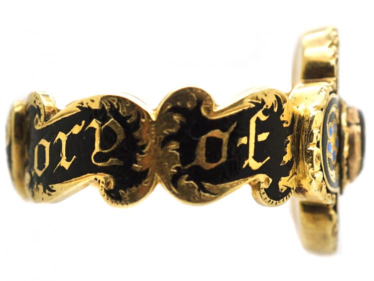 Georgian 15ct Gold & Enamel Mourning Ring with Heart on the Reverse