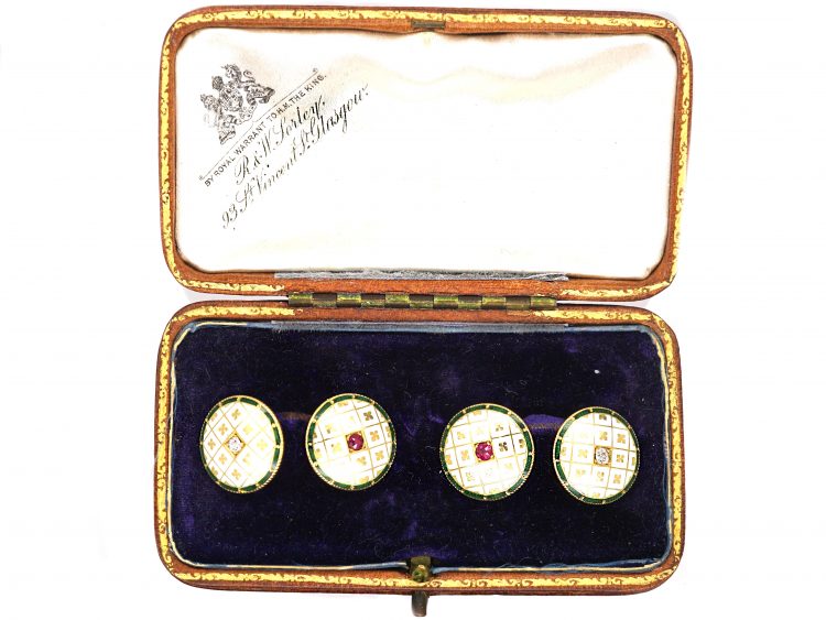 Edwardian 18ct Gold & Enamel Cufflinks set with Rubies & Diamonds