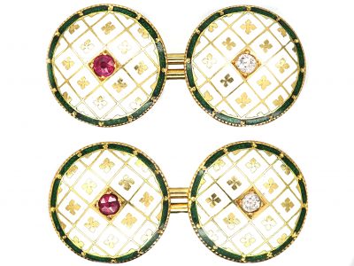 Edwardian 18ct Gold & Enamel Cufflinks set with Rubies & Diamonds