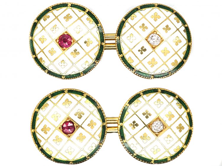 Edwardian 18ct Gold & Enamel Cufflinks set with Rubies & Diamonds