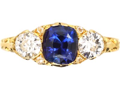 Victorian 18ct Gold, Three Stone Diamond & Sapphire Carved Half Hoop Ring