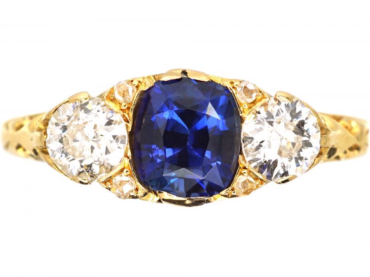 Victorian 18ct Gold, Three Stone Diamond & Sapphire Carved Half Hoop Ring