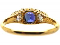 Victorian 18ct Gold, Three Stone Diamond & Sapphire Carved Half Hoop Ring