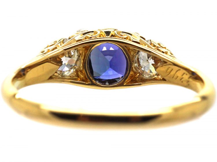 Victorian 18ct Gold, Three Stone Diamond & Sapphire Carved Half Hoop Ring