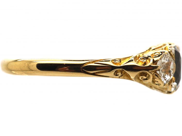 Victorian 18ct Gold, Three Stone Diamond & Sapphire Carved Half Hoop Ring