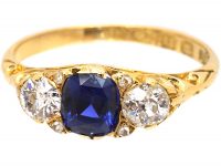 Victorian 18ct Gold, Three Stone Diamond & Sapphire Carved Half Hoop Ring