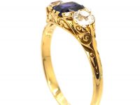 Victorian 18ct Gold, Three Stone Diamond & Sapphire Carved Half Hoop Ring