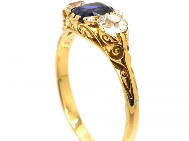 Victorian 18ct Gold, Three Stone Diamond & Sapphire Carved Half Hoop Ring