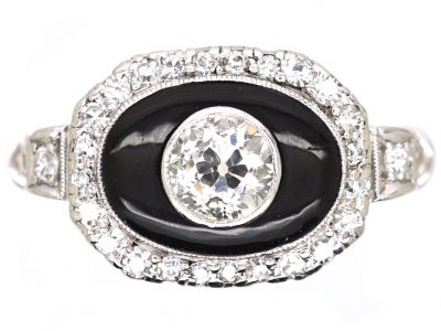 Art Deco Platinum, Onyx & Diamond Oval Cluster Ring