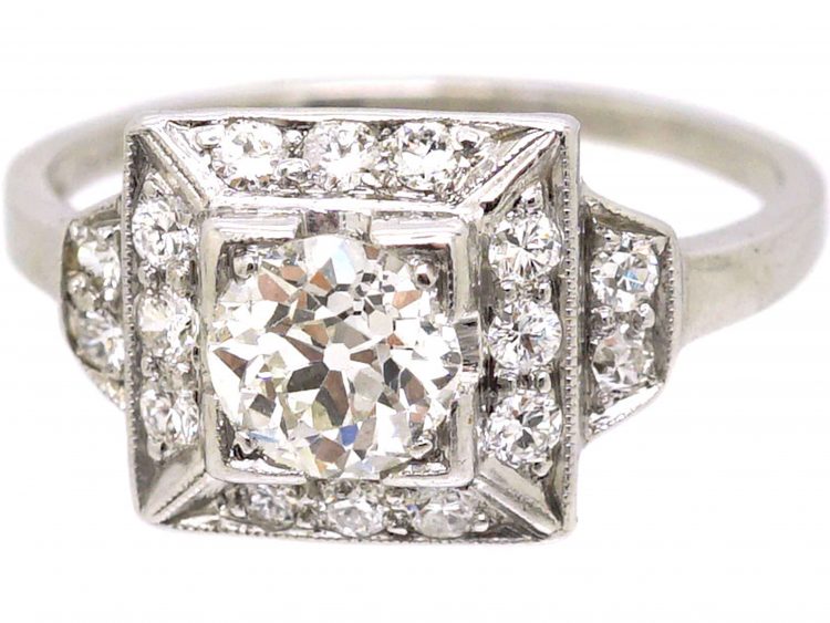 Early 20th Century Platinum Square Panel Ring set with Diamonds