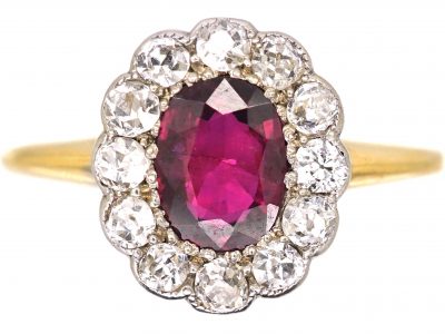 Edwardian 18ct Gold & Platinum, Ruby & Diamond Oval Cluster Ring
