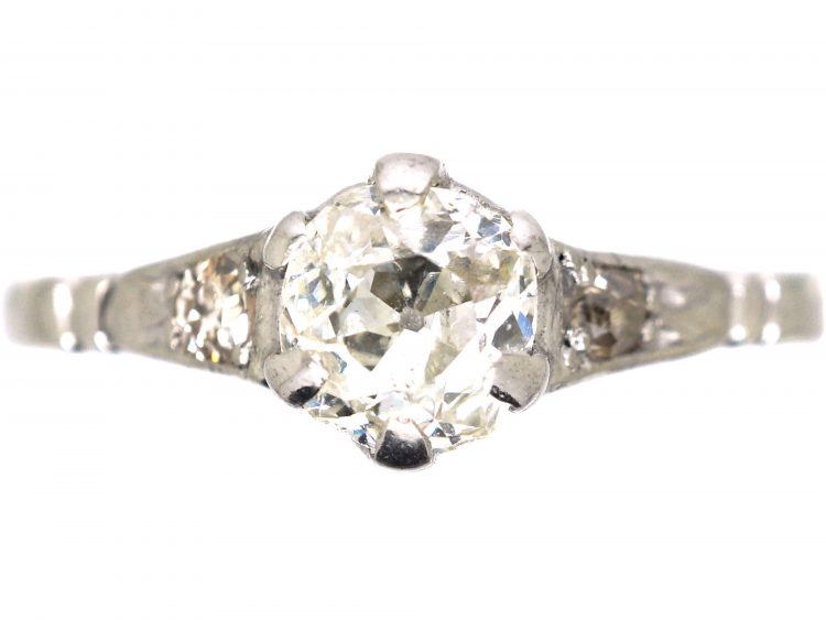 Early 20th Century 18ct White Gold & Palladuim, Diamond Solitaire Ring with Diamond set Shoulders
