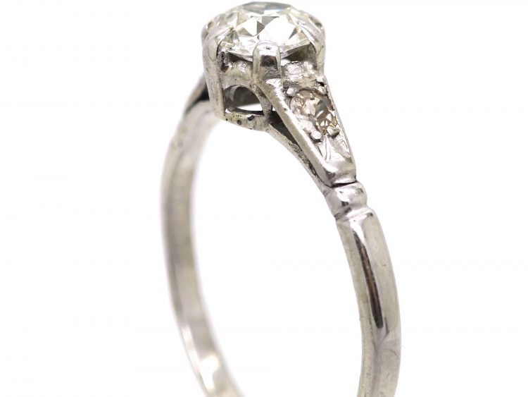 Early 20th Century 18ct White Gold & Palladuim, Diamond Solitaire Ring with Diamond set Shoulders